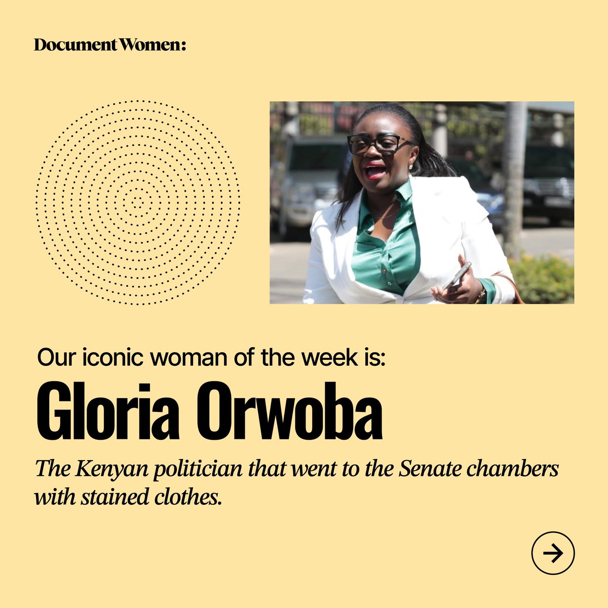 Our iconic woman of the week is Gloria Orwoba. She’s the Kenyan senator that went to the senate chambers with stained clothes.