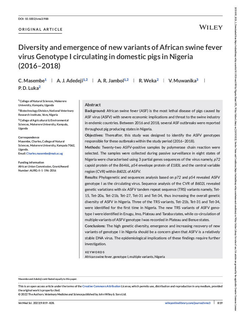New Publication by Prof. Charles Masembe et al: Diversity &amp; Emergence of New Variants of African Swine Fever Virus Genotype I circulating in domestic pigs in Nigeria (2016–2018). Details at: cns.mak.ac.ug/blog/new-publi…. <a href="/MakerereNews/">Makerere University News</a>  <a href="/ZooEntFish/">Department of Zoology, Entomology and Fisheries</a> <a href="/MakCAES/">Makerere University CAES</a> <a href="/MAAIF_Uganda/">MAAIF 🇺🇬</a> <a href="/cmasembe10/">Charles Masembe</a>