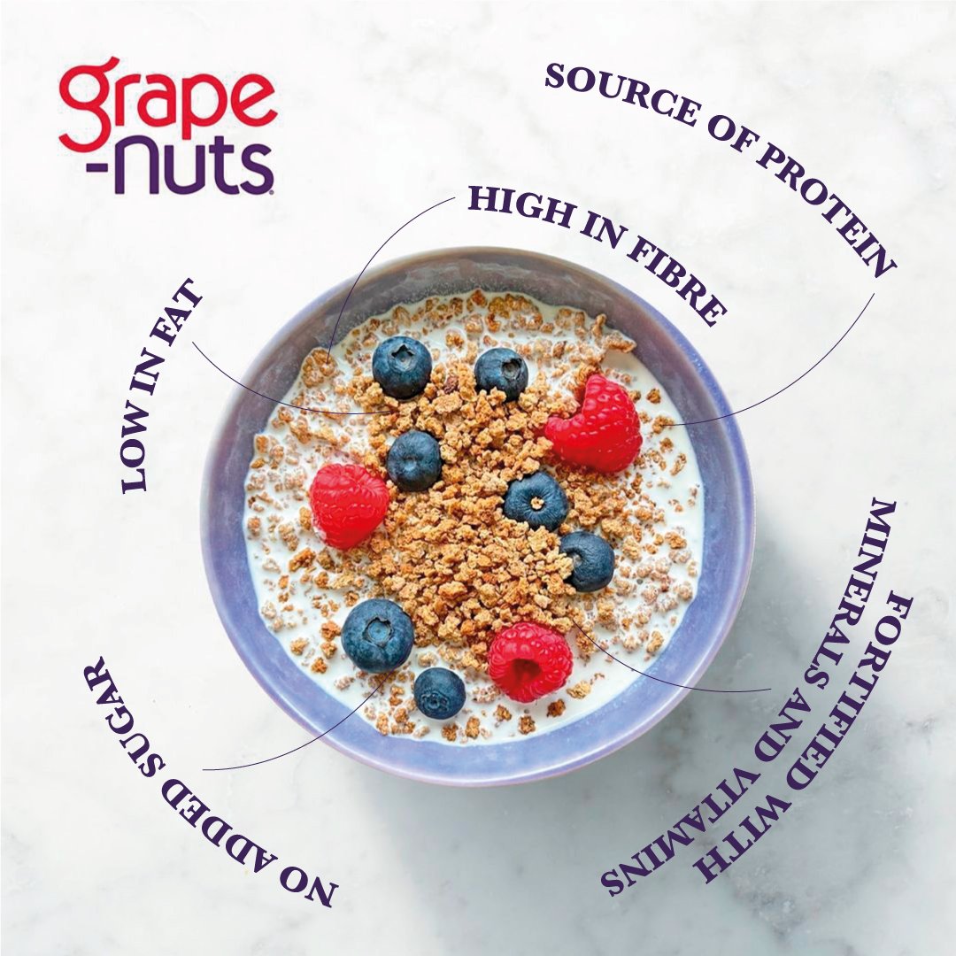 grapenutsUK's tweet photo. Make your mornings nutritious with Grape – Nuts. Grape – Nuts is low in fat, contains no added sugar, high in fibre, a source of protein and fortified with six vitamins and minerals #lowinfat #nograpesnonuts #nutritionalgoodness #vitamins #minerals #nutrition https://t.co/c68v3UP1qD