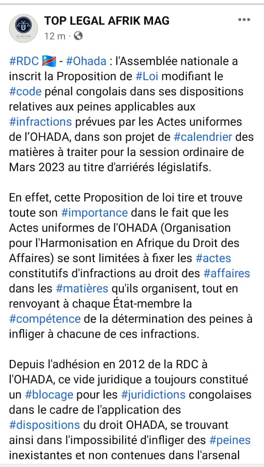 LegalMag's tweet photo. #RDC 🇨🇩 - #OHADA : L'@AssembleeN_RDC a inscrit la "Proposition de loi modifiant le Code pénal congolais dans ses dispositions relatives aux peines applicables aux infractions prévues par les Actes uniformes #Ohada", dans son calendrier de Mars 2023 au titre d'arriérés législatifs https://t.co/FUV2jOo8YV