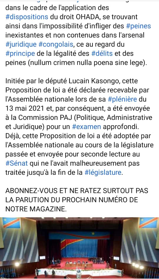LegalMag's tweet photo. #RDC 🇨🇩 - #OHADA : L'@AssembleeN_RDC a inscrit la "Proposition de loi modifiant le Code pénal congolais dans ses dispositions relatives aux peines applicables aux infractions prévues par les Actes uniformes #Ohada", dans son calendrier de Mars 2023 au titre d'arriérés législatifs https://t.co/FUV2jOo8YV