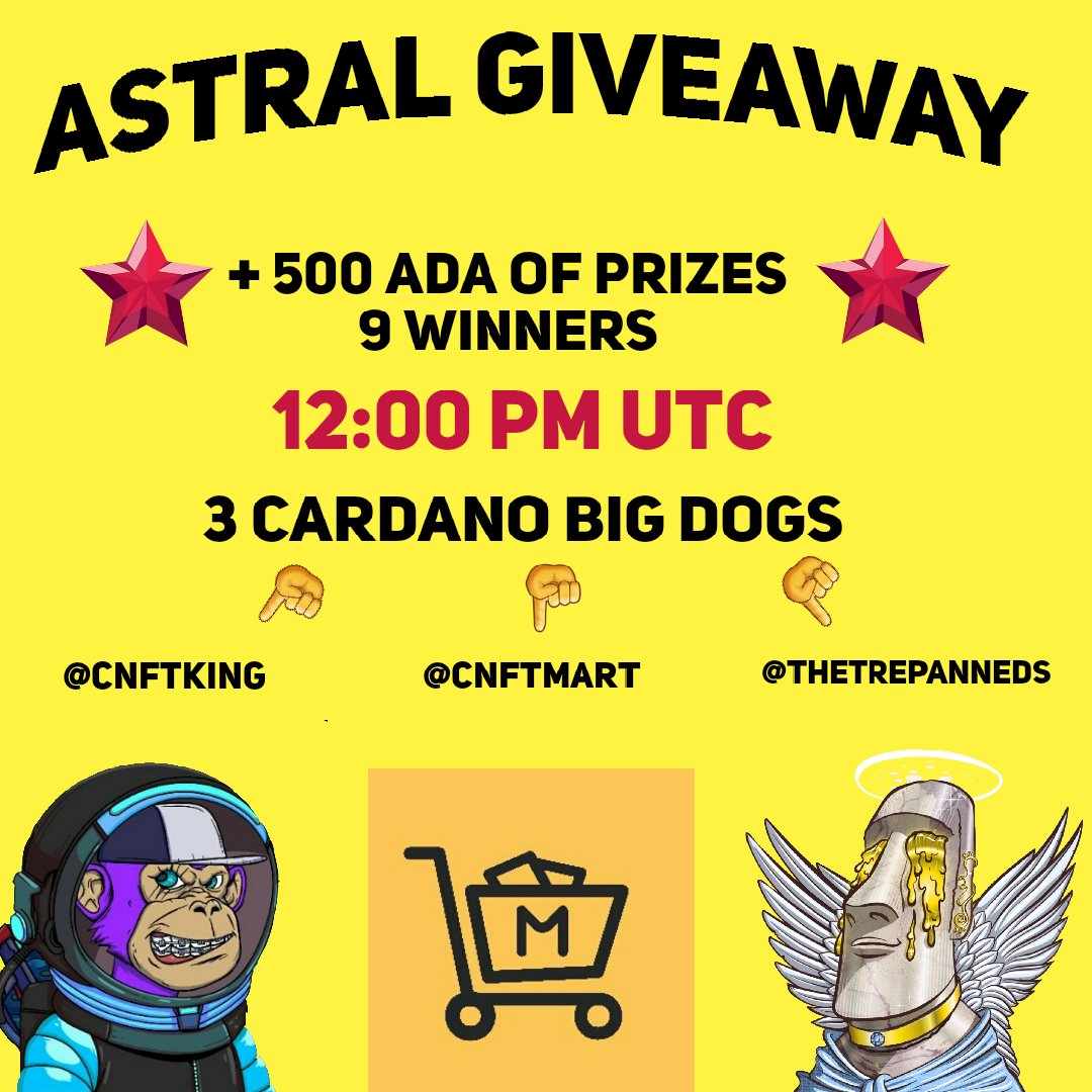 DaddyTrepanneds 🇨🇵 CNFT promoter & Giveaways (@thetrepanneds) on Twitter photo Who is crazy enough to miss this?
No one is!
An astral giveaway is coming featuring
3 CARDANO BIG DOGS !
- <a href="/cNFTking/">SH🅾️WTIME</a>
- @cnftmart
- <a href="/TheTrepanneds/">DaddyTrepanneds 🇨🇵 CNFT promoter & Giveaways</a>
500+ ADA of prizes
9 winners
Turn "ON" your 🔔
#CNFT #CNFTCommunity #CNFTs #NFT #NFTs #CNFTGiveaways #NFTGiveaways Who is crazy enough to miss this?
No one is!
An astral giveaway is coming featuring
3 CARDANO BIG DOGS !
- <a href="/cNFTking/">SH🅾️WTIME</a>
- @cnftmart
- <a href="/TheTrepanneds/">DaddyTrepanneds 🇨🇵 CNFT promoter & Giveaways</a>
500+ ADA of prizes
9 winners
Turn "ON" your 🔔
#CNFT #CNFTCommunity #CNFTs #NFT #NFTs #CNFTGiveaways #NFTGiveaways