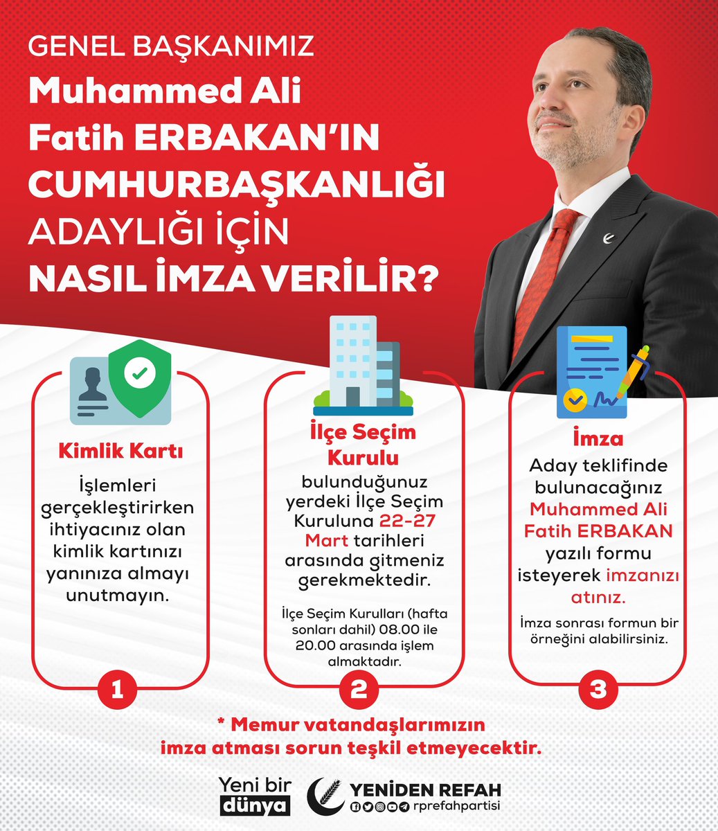 ÖNEMLİ DUYURU❗️

Aziz milletimizi 27 Mart saat 20.00’a kadar kayıtlı oldukları “İlçe Seçim Kuruları”na giderek Genel Başkanımız Muhammed Ali Fatih Erbakan’ın cumhurbaşkanı adaylığı için imza vermeye davet ediyoruz.