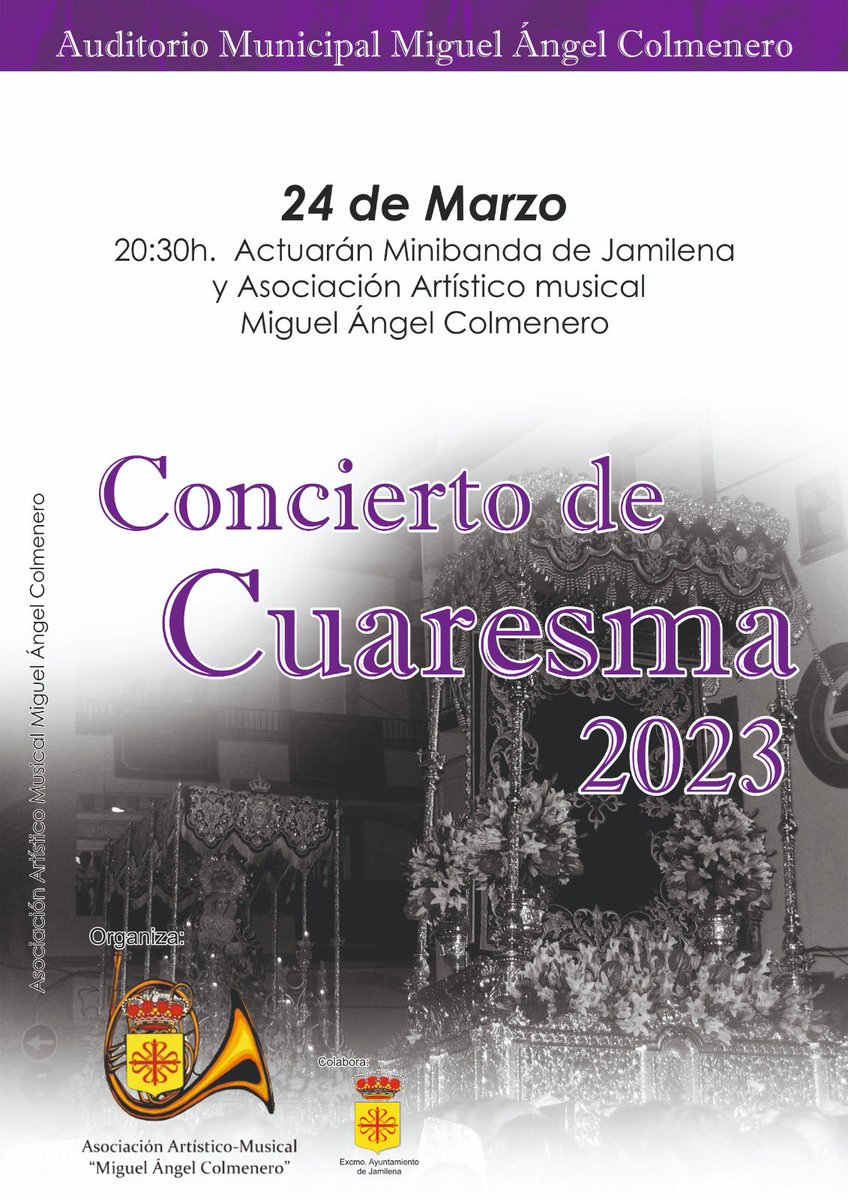 bmjamilena's tweet photo. ▪️𝐂𝐎𝐍𝐂𝐈𝐄𝐑𝐓𝐎 𝐃𝐄 𝐂𝐔𝐀𝐑𝐄𝐒𝐌𝐀▪️

🗓️ Viernes, 24 de marzo.
🕣 20:30 h.
📍 Auditorio Municipal Miguel Ángel Colmenero. https://t.co/Hhmn7O396r