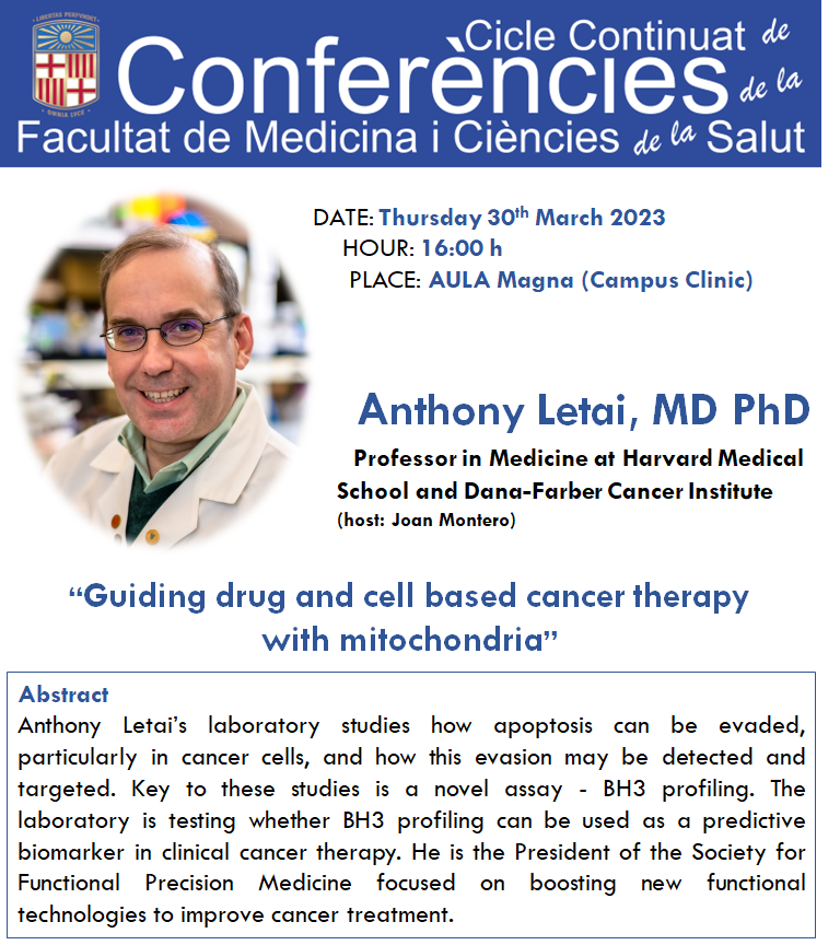 JoanMonte's tweet photo. 🚨 One week left! Do not miss the one and only Harvard &amp; Dana-Farber Professor @DrTonyLetai, president of the @TheSFPM, @CampusClinicUB
Cell based cancer therapy &amp; Functional Precision Medicine.
March 30th 4pm, Aula Magna. Spread the word! https://t.co/1Zxp1r98QM