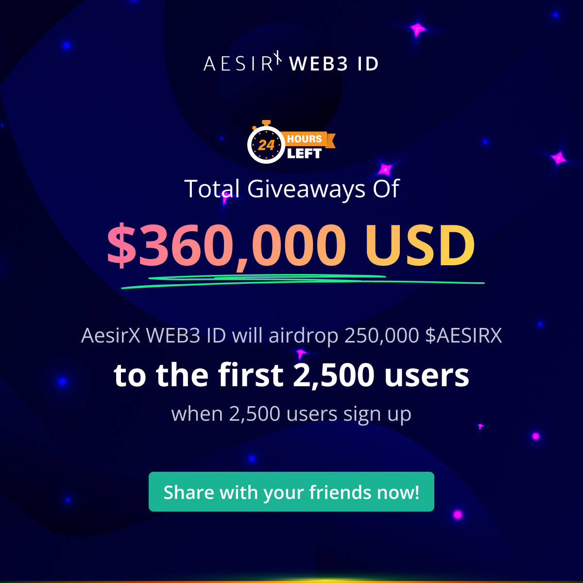 ⏰ Only 24 Hours Left! ⏰

Don’t forget to refer your friends to earn your share of the rewards! Steps to get referral link and claim rewards: web3id.aesirx.io/connect 

To open an AesirX WEB3 ID account, please register here web3id.aesirx.io/#switching-form