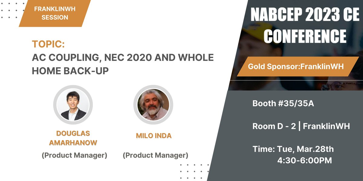 IncFranklinwh's tweet image. #FranklinWH will participate in the #NABCEP 2023 CE Conference on March 28. Our booth is #35/35A. We will give a presentation on “AC Coupling, NEC 2020 and Whole Home Back-Up” in Room D – 2, Tuesday, 4:30 pm. Come and join the conversation!
#renewableenegry #homebattery