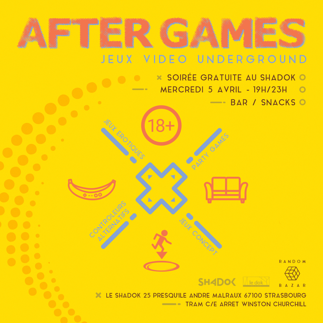 random_bazar's tweet photo. ⚡Les After Games sont de retour le 5 avril prochain, pour leur 5ème édition !
Au programme : 🎮🍻🥨🔞🕹️
📍Rendez-vous une nouvelle fois au @Shadok_eu à #Strasbourg, de 19h à 23h !
#AfterGames https://t.co/dX8rUiELYJ