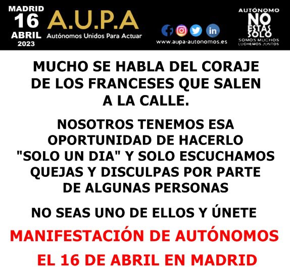 AUPA_Autonomos's tweet photo. Aquí lo dejamos, y cada cual que actúe según su conciencia...

#YoSoyAUPA #AUPAsomostodos #Autónomos https://t.co/lwMirslbn1