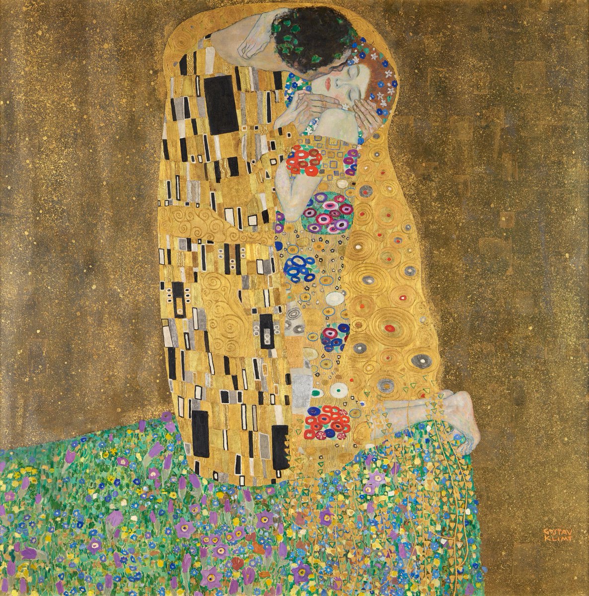 everycryptoart's tweet photo. [The Kiss Eternal Exhibition] 
왈츠와 화려한 건물로 가득했던 세기말 빈, 아름다움 뿐 아니라 다름을 표현한 작가 구스타프 클림트. 

금 세공인이었던 아버지의 영향으로 클림트는 실제 금을 녹여 얇게 펴 바르는 기법을 활용하였고, 세상은 그를 황금의 화가라고 부르기 시작했습니다. ✨ https://t.co/FBaYScoKwU