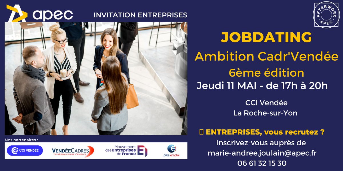 Entrepreneurs, vous recrutez ? Pensez à vous inscrire dès maintenant au Job Dating <a href="/Apecfr/">Apec.fr</a> du 11 mai prochain qui aura lieu dans les locaux de la CCI Vendée !
#recrutement #lavendéerecrute #cci