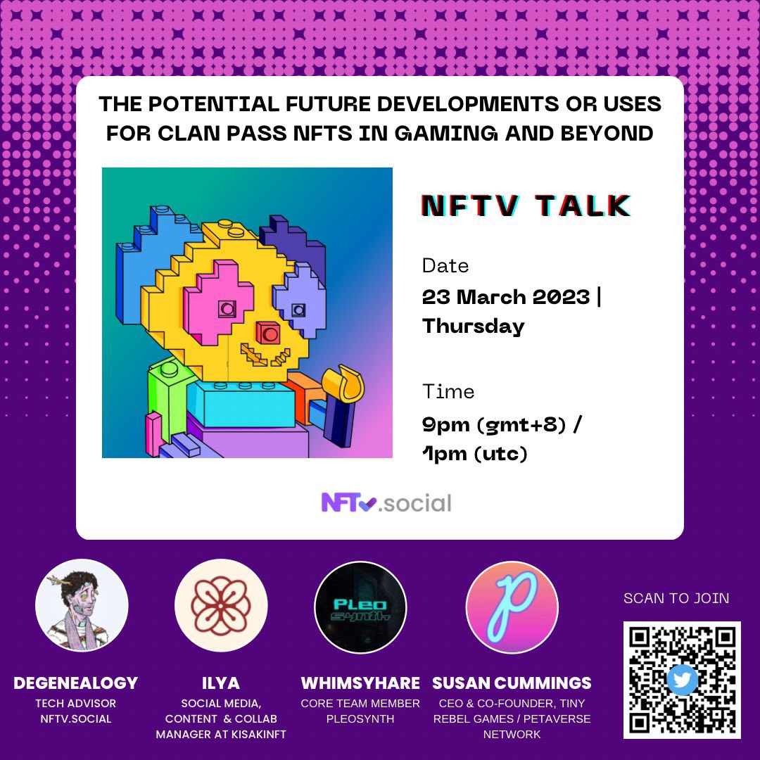 arthurcapitalg's tweet photo. It’s NFTv Talk Day again! See you in 4 hours ⏱️

We’ll have speakers @KisakiNFT @pleosynth @cummingssi and our very own @Degenealogy there tonight so you don’t wanna miss this session! 

We’ll be hosted by Peter C as well 👏🏻

Join us at:
https://t.co/cS337nqTA7 https://t.co/lBlNyJAxeX