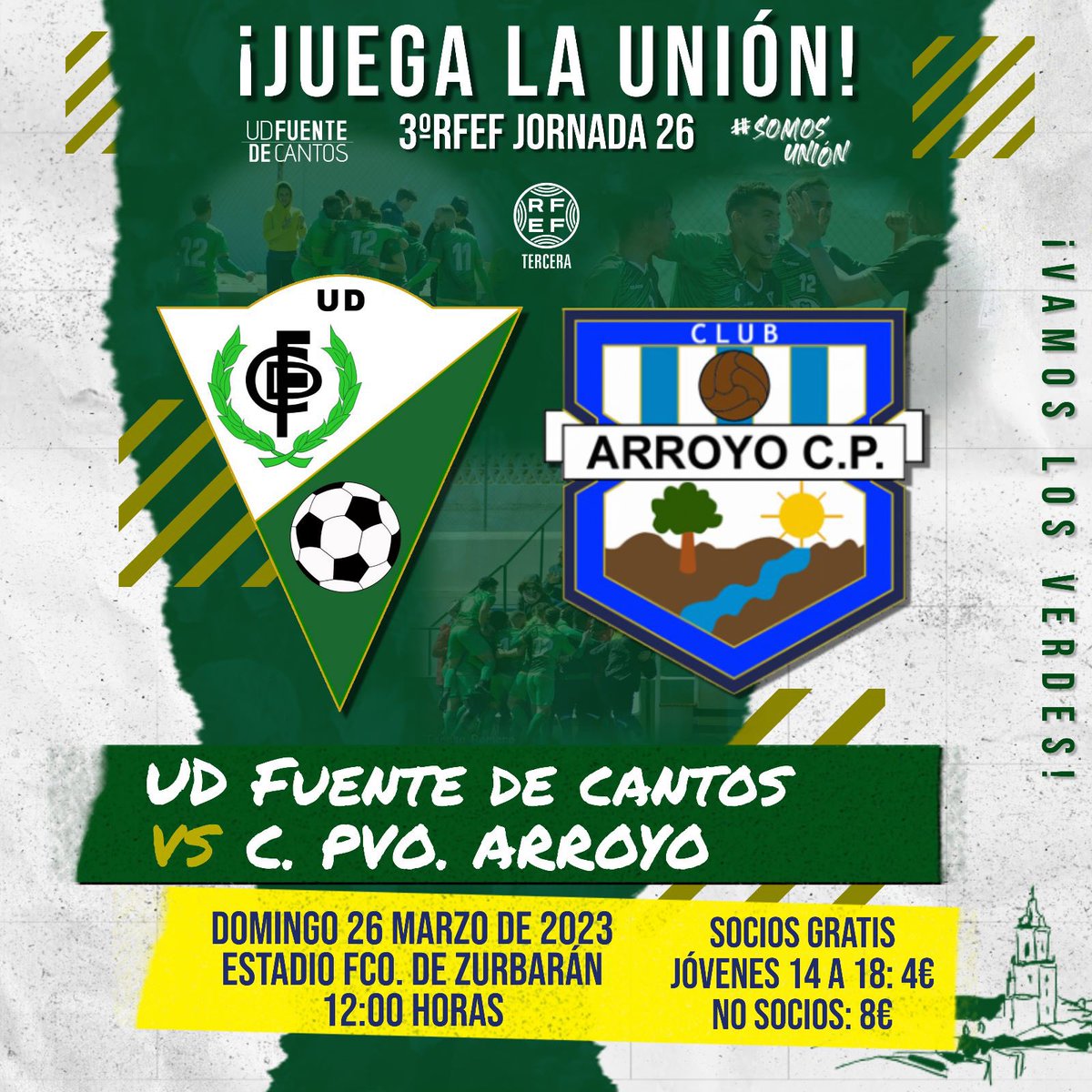 ⚽️FÚTBOL⚽️
🗓Domingo 26 de Marzo
🕛12:00h
🏆26ª jornada 
🆚<a href="/arroyo_cp/">Arroyo Club Polideportivo 💙</a> 
🏟Fco. De Zurbarán
🎫Entrada Adulto: 8€ 
🎟Entrada 14-18: 4€
🍻Servicio barra
🍀sorteo🥩lote ibérico local
👦Sorteo ⚽️ soci@s infantil
📸Presentación Equipos UDFDC 
#tengounacorazonada💚
#SomosUnion💚