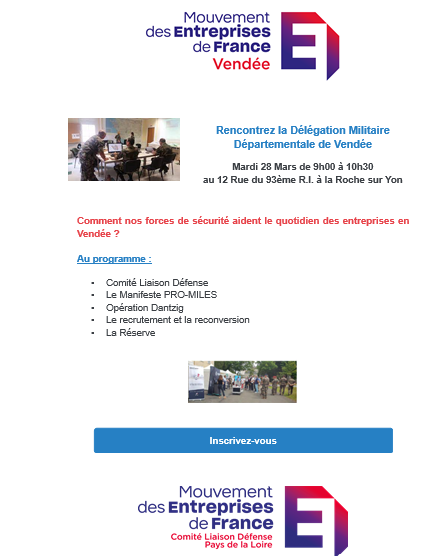 MedefPDL's tweet photo. Merci au @MEDEFVENDEE de faire un focus sur le @CLD_MEDEF du @MedefPDL et bien entendu du manifeste #promilès en invitant une délégation de chefs d'entreprise rencontrer le monde des Armées 
cc @sophiegm85 @Samueltual @AnthonyBouju @LesaffreMichel @samuelVERON8 https://t.co/A2VfQIolQs