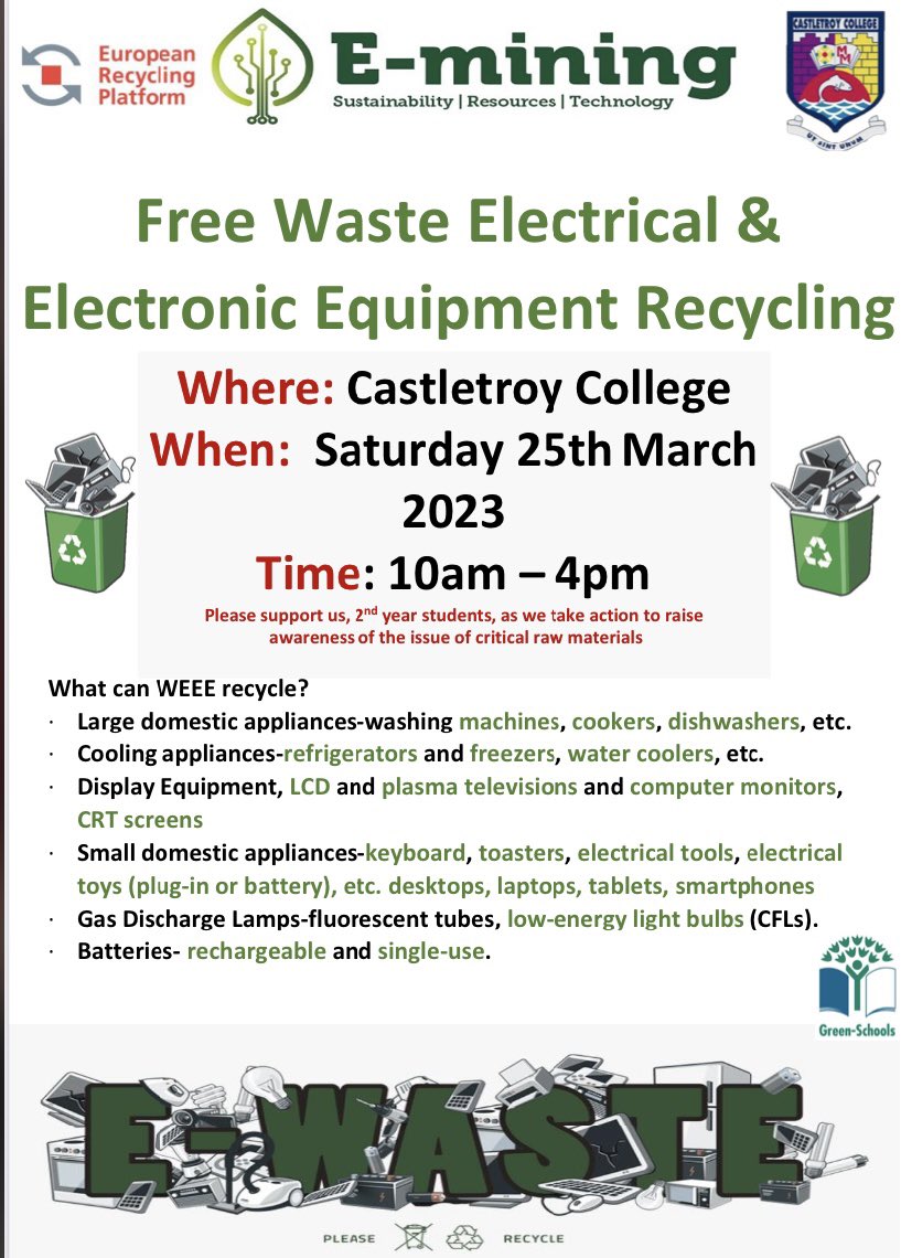 CastletroyC's tweet image. Please don’t forget to bring any electrical Easter along to our school car park this Saturday from 10am-4pm #Sustainability #emining