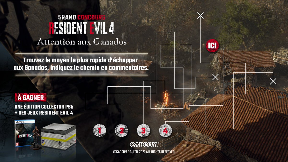 📍 ÉTAPE 6/7 📍

Vous apercevez plusieurs itinéraires pour échapper aux infectés, mais lequel emprunter ?

Indiquez en commentaires le numéro du chemin à suivre pour vous faufiler entre les Ganados !
