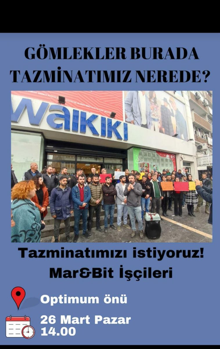 KirmiziGazete's tweet photo. Mar&amp;Bit işçileri, iflas veririm diyerek tazminat haklarını gasp eden patrona karşı mücadele ediyor.

#Marbit Konfeksiyon ile ticarete devam eden @LCWaikiki'yi protesto etmek için dayanışma çağrısı yapıldı.

🗓️ 26 Mart Pazar
🕑 14:00
📍 Optimum AVM önü
@MarbitTiscileri https://t.co/JDllfaAbPv