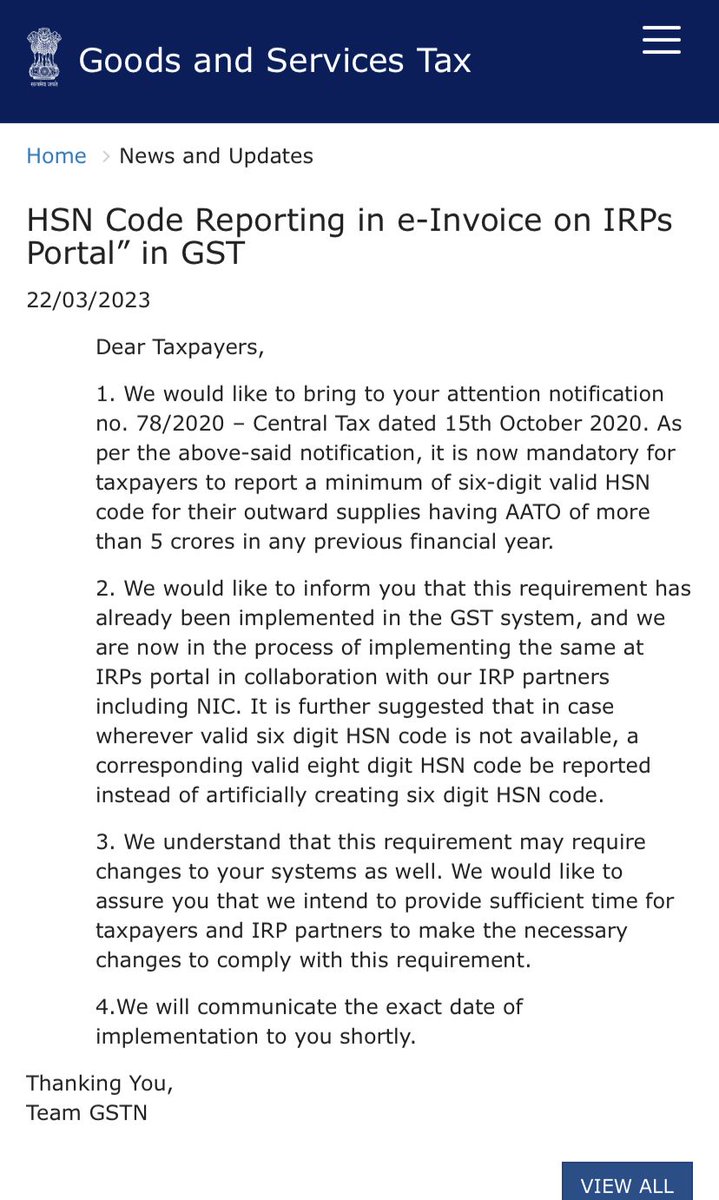 realtimeupdate_'s tweet photo. 👆🏻GSTN issued Advisory on HSN Code Reporting in e-Invoice on IRPs Portal” in GST @cbic_india @IncomeTaxIndia @theicai https://t.co/q7EltJ10oO