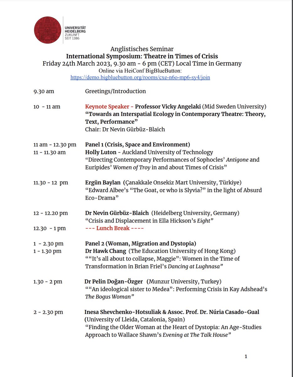 nevinfg's tweet photo. Updated programme for our upcoming symposium, Theatre in Times of Crisis: Keynote Speakers, Professor Vicky Angelaki (Mid Sweden University) and Dr Işıl Şahin Gülter (Cornell University). Pls join here:
Online via HeiConf BigBlueButton:
https://t.co/WLlhrIyRmo https://t.co/ibHd61P1mJ