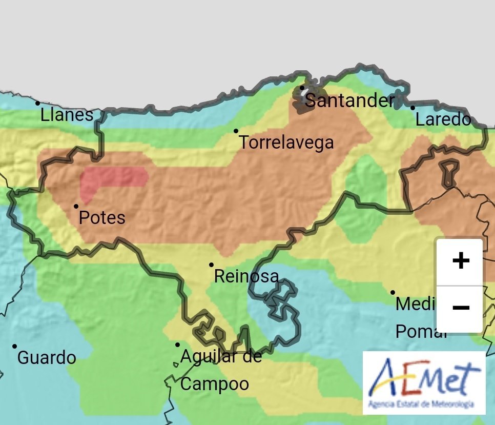 ⛔ Están PROHIBIDAS todas las QUEMAS.

👉🏼 Gran parte de #Cantabria está en riesgo MUY ALTO de incendios forestales, con algún área de #Liébana en riesgo EXTREMO.

📲 Si ves fuego en el monte o a alguien prendiendo llama al 112.