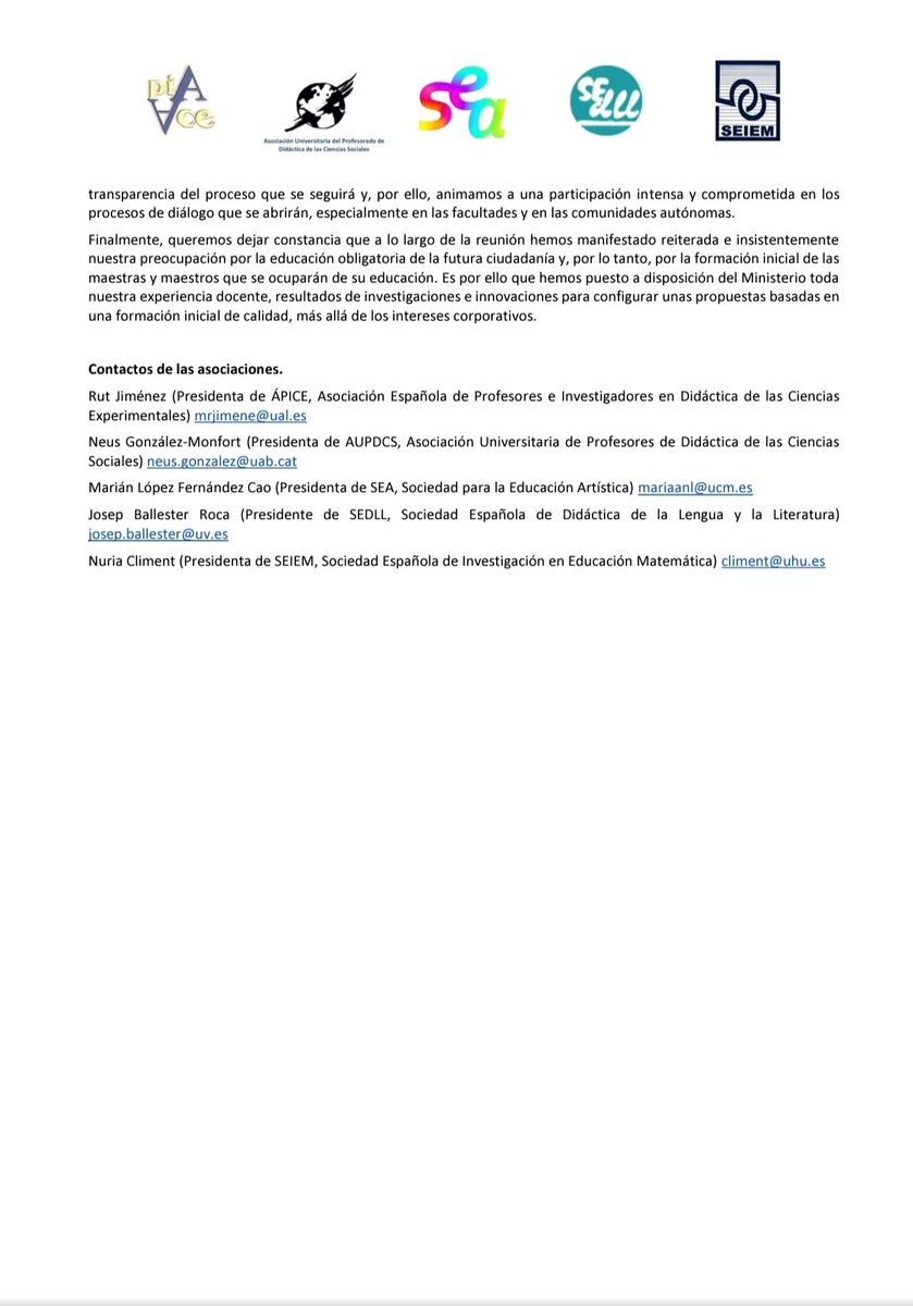 Tras la reunión de todas las asociaciones de didácticas específicas  con <a href="/UniversidadGob/">Ministerio de Universidades</a>, compartimos un comunicado conjunto en el que exponemos nuestras reflexiones y preocupaciones. <a href="/_SEIEM/">SEIEM</a> <a href="/ApiceDce/">APICE DCE</a> <a href="/aupdcs/">AUPDCS</a> <a href="/SEDLL/">SIDLL</a> #NoHayConsenso #SOSMagisterio #EducaciónNoSinArtes