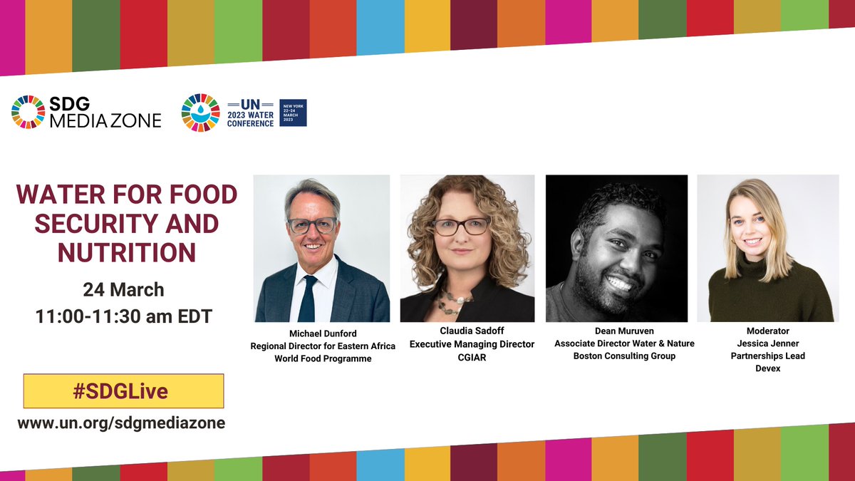 Today, Friday 24 March at 11:00 am EDT (6:00 pm in Nairobi), I will discuss the links between water & food security with  @CGIAR  and @BCG at the UN Water Conference.

You can join us live: bit.ly/3LJwzRw

#SDGLive #WaterAction #GlobalGoals