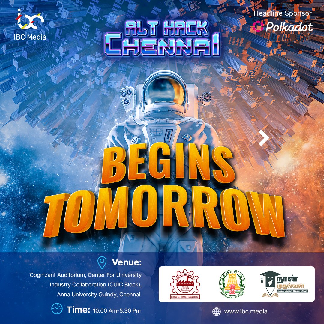 Get ready Chennai!
Alt Hack begins tomorrow 🤩
Week-long education #bootcamp for students 👨🏻‍💻👩‍💻
24  - 31 March 2023 🗓️
Anna University, #Chennai 📍
300 participants 😯

#Orientation, #Education &amp; #Ideation
First step towards IBC #Internship Program 👩‍🎓👨‍🎓
ibc.media/alt-hack-chenn…