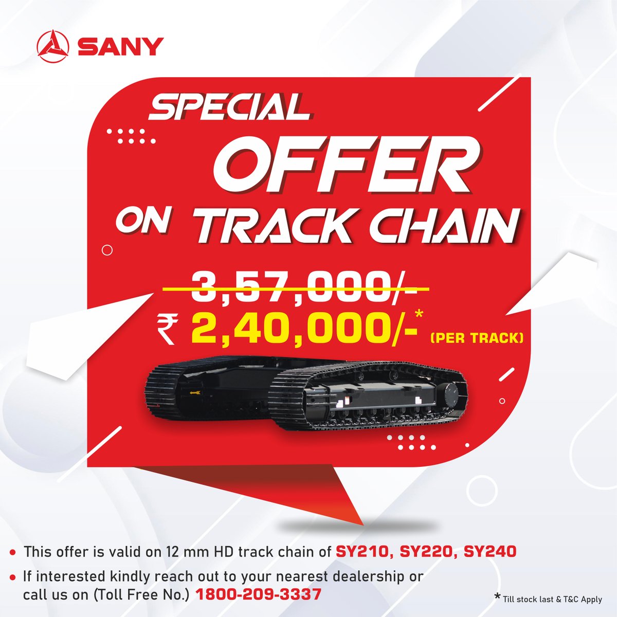 SanyIndia's tweet photo. Grab the special offer on #TrackChain and the #offer is valid on 12mm HD Track chain of SY210, SY220 and SY240.
Reach out to your nearest dealership or call us on the Toll Free Number 1800 209 3337.
#SanyIndia
#Sany #NayeBharatKaNirmata #SpecialOffer #SY210 #SY220 #SY240 https://t.co/HVeDVEZfPr
