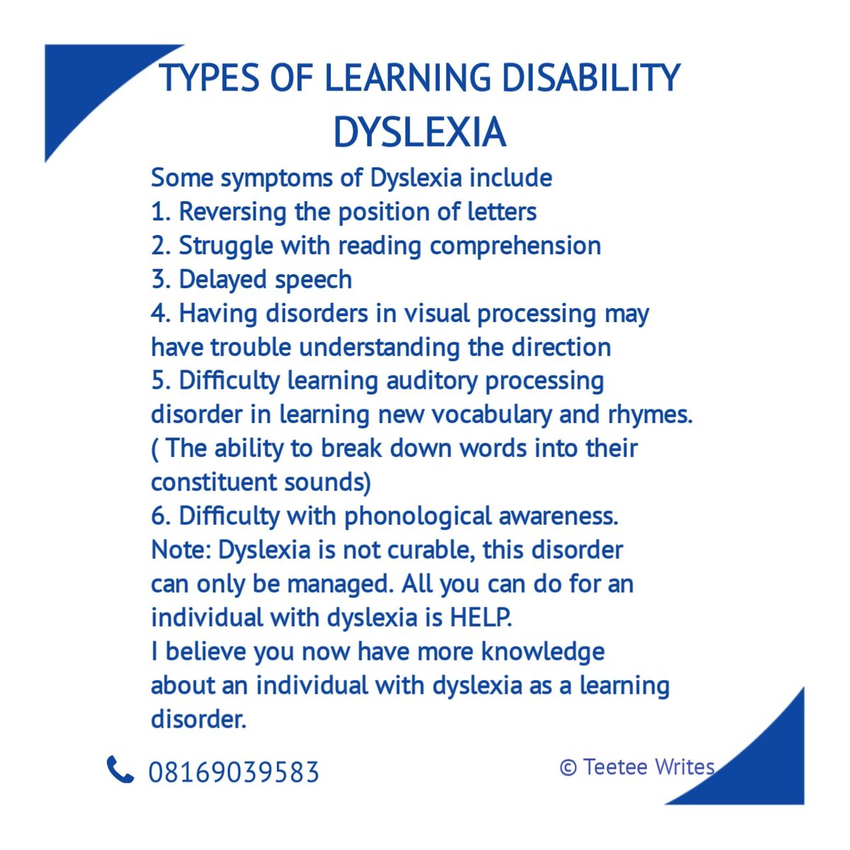 TeeteePen69's tweet photo. Some physical symptoms that may persist in an individual with dyslexia.
#EducationForAll #Inclusion #LearningDisability #Dyslexia #Parent #Disability #ClassroomSetting #Impairment #disabled #DisabilityRights #Help https://t.co/1VU8WrvcZ7