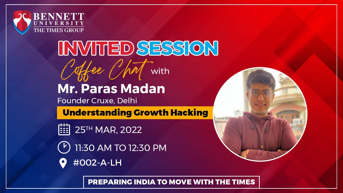 SCSETBennett's tweet photo. #scsetbennett is hosting a Coffee Chat on 25.03.2023 with Mr. Paras Madan on the topic “Understanding Growth Hacking”. Paras is passionate about startups and currently leading Cruxe: An AI based platform for Content Creators.
#bennettuniversity #industryready #skillbuiding #ai https://t.co/VkcdE0Re3r