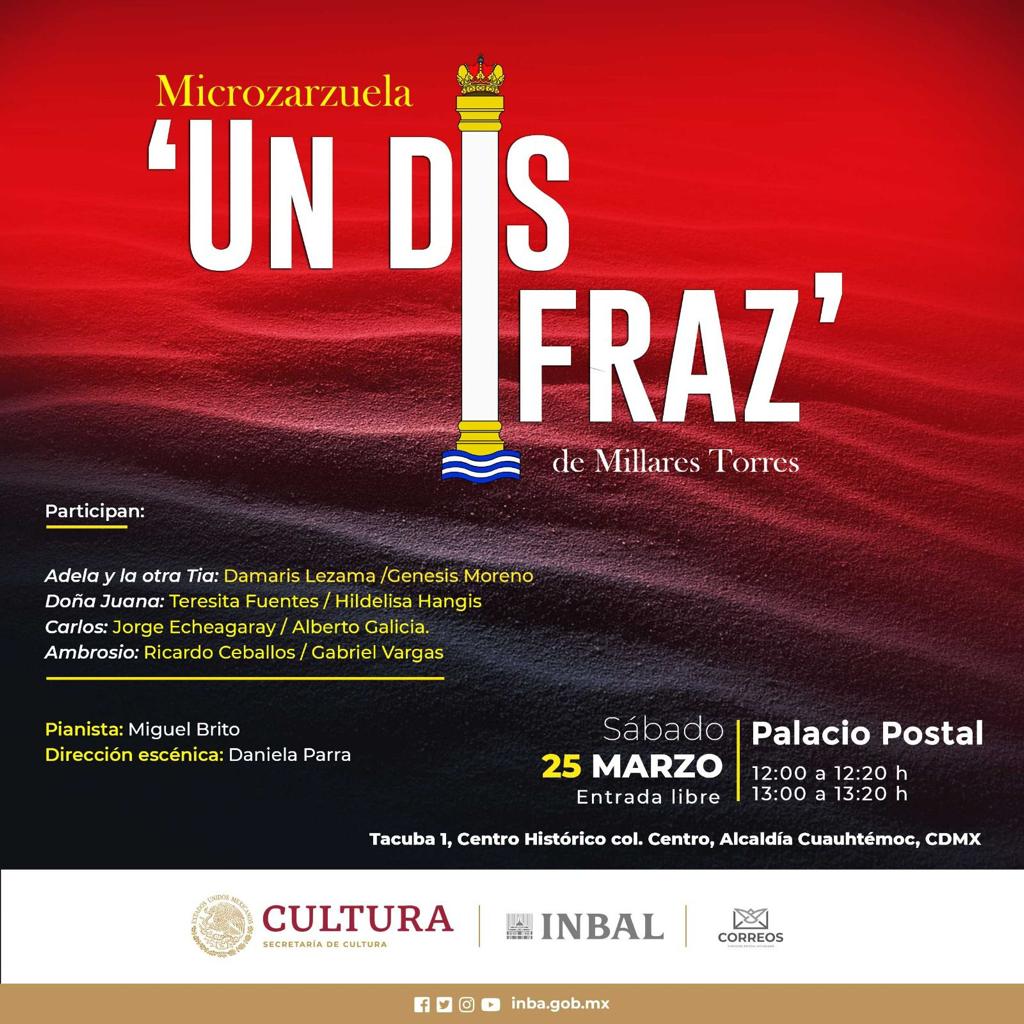 bellasartesinba's tweet photo. En una conjunción de esfuerzos por llevar el arte del canto a los diversos públicos, el INBAL y @CorreosdeMexico se hermanan para presentar la microzarzuela "Un disfraz" en el Palacio Postal, a cargo de los integrantes del #EOBA, con la dirección artística de @maria_katzarava. https://t.co/vxX06UYgEg