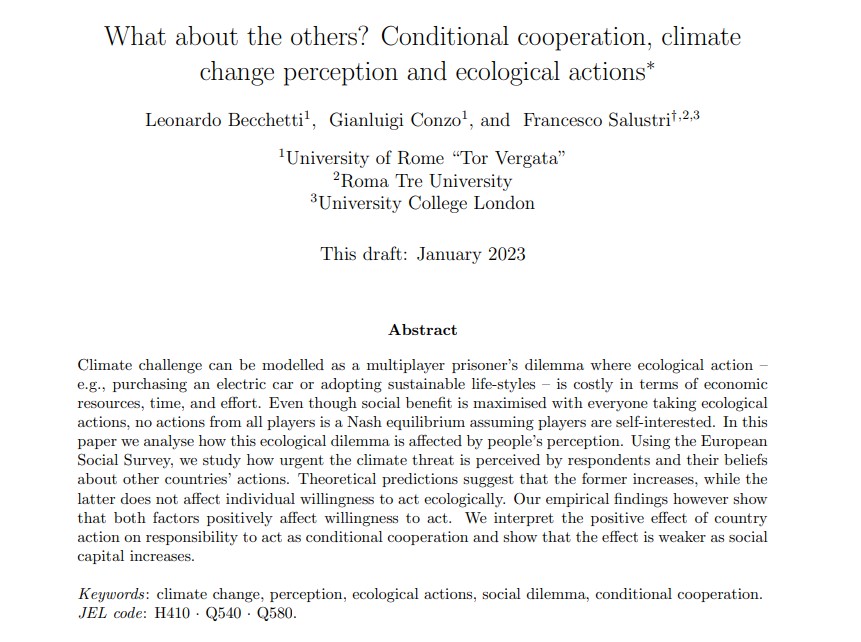 Economia Roma Tre (@economiaromatre) on Twitter photo 📖🔎Nuova pubblicazione:
Il Working Paper "What about the others? Conditional cooperation, climate change perception and ecological actions" di <a href="/Leonardobecchet/">Leonardo Becchetti</a> <a href="/GianluConzo/">Gianluigi Conzo</a> e @FrancescoSalust è ora disponibile sul sito presso: bit.ly/3FOmSNF 📖🔎Nuova pubblicazione:
Il Working Paper "What about the others? Conditional cooperation, climate change perception and ecological actions" di <a href="/Leonardobecchet/">Leonardo Becchetti</a> <a href="/GianluConzo/">Gianluigi Conzo</a> e @FrancescoSalust è ora disponibile sul sito presso: bit.ly/3FOmSNF