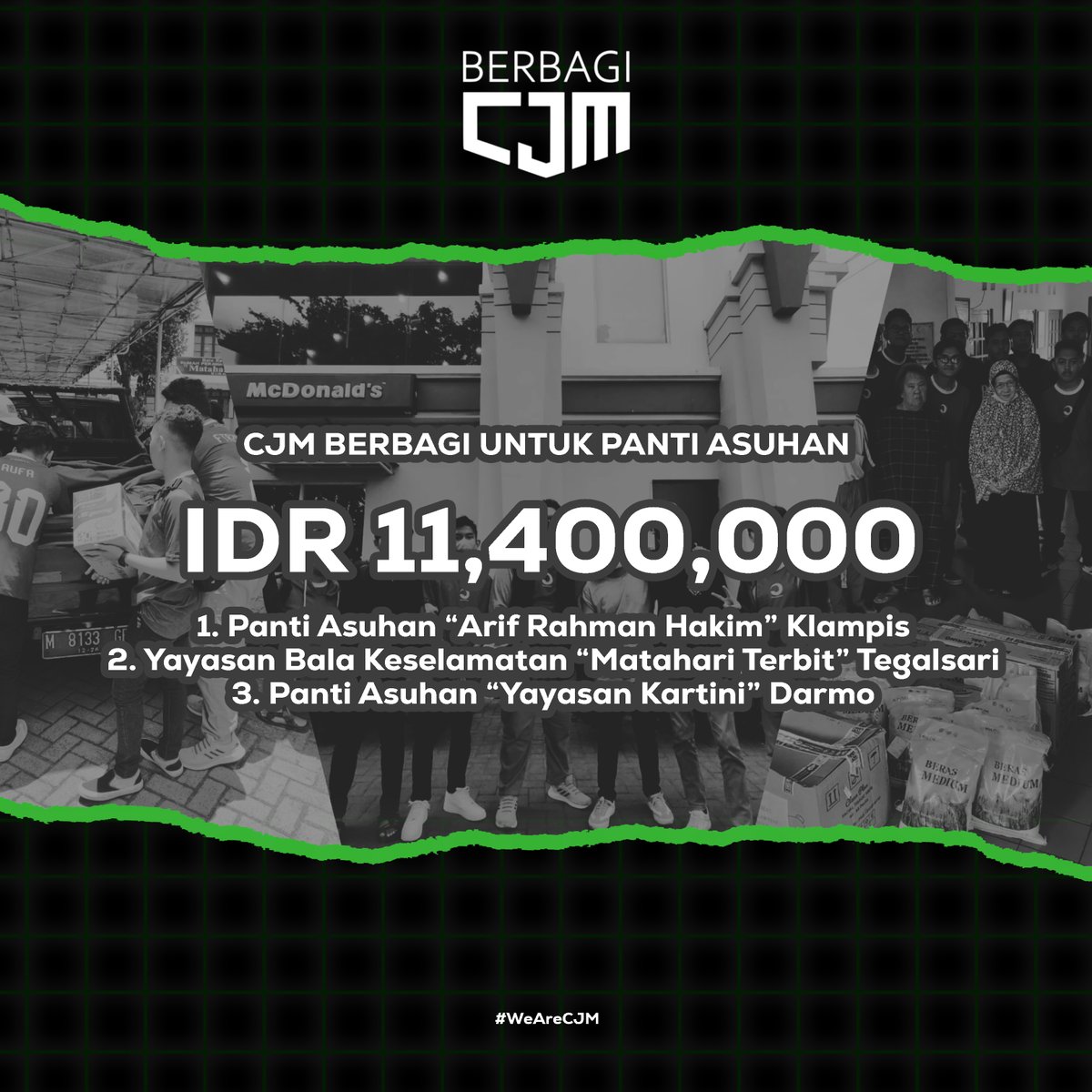 cjmberbagi's tweet photo. CJM Berbagi untuk tiga Panti Asuhan di Surabaya.

Panti Asuhan "Arif Rahman Hakim" - Klampis, Surabaya Timur
Yayasan Bala Keselamatan " Karya Kasih" - Tegalsari, Surabaya Pusat
Panti Asuhan "Yayasan Kartini" - Darmo, Wonokromo, Surabaya Selatan https://t.co/vKF5hCb6ii