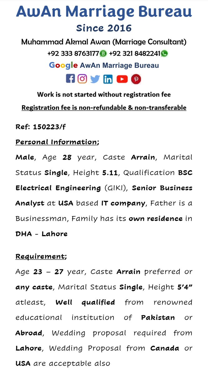 AwAnMarriage's tweet image. #Male #28Year #Arrain 
#Single #5feet11inch
#BSC #ElectricalEngineering #GIKI
#SeniorBusinessAnalyst
#Lahore #DHA
#AMB #Registered