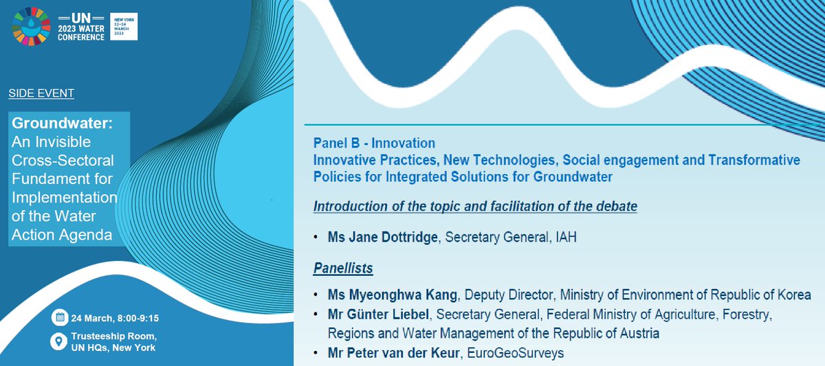 Hydros Peter van der Keur is at the #UN2023WaterConference side event. Here he will represent #EuroGeoSurveys as a panelist and stress benefits of #FAIRdata, and #sustainablenaturalresources management tools for supporting Transformative Policies for integrated Solutions for GW