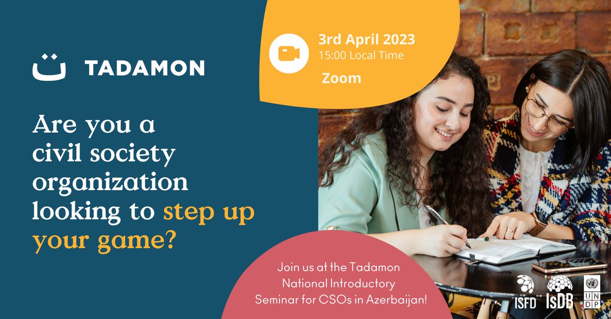 UNDP Eurasia (@undpeurasia) on Twitter photo 📢 Inviting all interested CSOs from #Azerbaijan to join the Tadamon Introductory Seminar!
Learn how Tadamon can support you in achieving the organization’s goals.
Join and be a part of the <a href="/CsoTadamon/">Tadamon - CSO Empowerment</a> community: bit.ly/3JYHh54
🗓️April 3, 2023 | <a href="/isdb_group/">IsDB Group</a> 📢 Inviting all interested CSOs from #Azerbaijan to join the Tadamon Introductory Seminar!
Learn how Tadamon can support you in achieving the organization’s goals.
Join and be a part of the <a href="/CsoTadamon/">Tadamon - CSO Empowerment</a> community: bit.ly/3JYHh54
🗓️April 3, 2023 | <a href="/isdb_group/">IsDB Group</a>