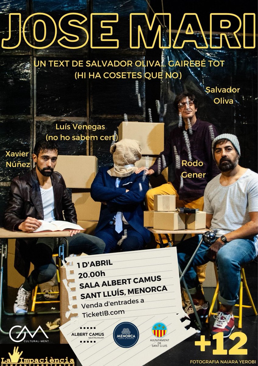 Cultural_ment's tweet photo. Bon dia, culturetes! 🎭
Encetarem el mes d'abril creuant el bassiotet cap a Menorca amb la comèdia àcida més esbojarrada que pugueu imaginar, JOSEMARI , de la mà de La Impaciència!
🗓️ 01/04
📍 Sala Albert Camus.
🕘 20h
🎟️ Entrades: https://t.co/gjaD4a0xQv

Salut i teatre!🎭💚 https://t.co/xAIQxt6Utc