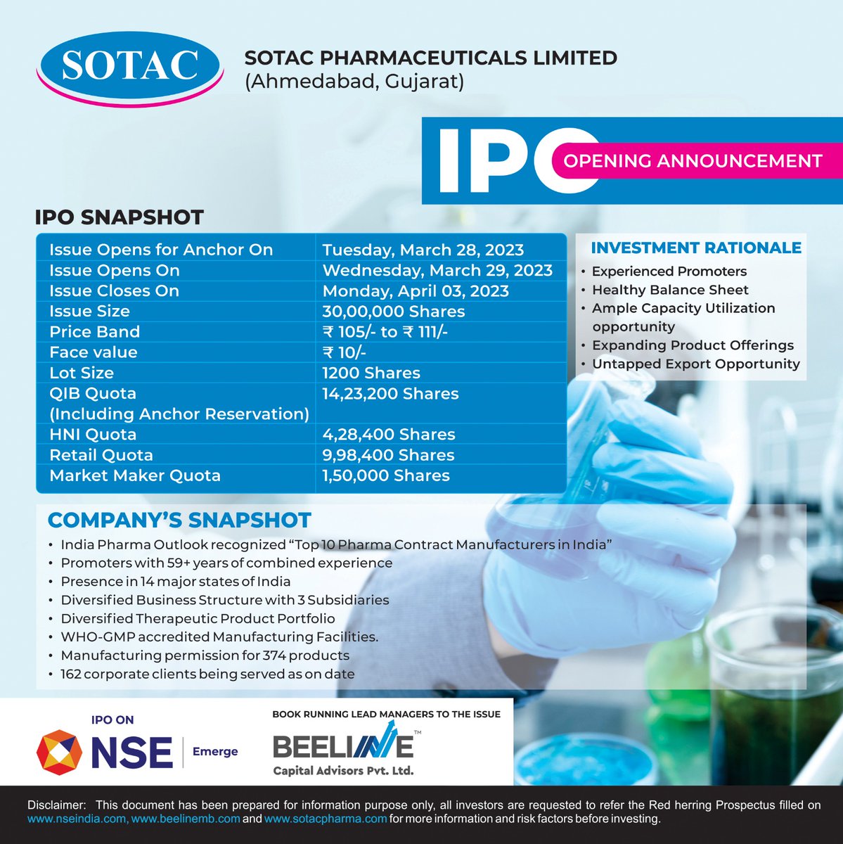 beelinecapital1's tweet image. IPO Opening Announcement

We, Beeline Capital Advisors Private Limited acting as Book Running Lead Manager to the Issue will be Launching the IPO of Sotac Pharmaceuticals Limited (Ahmedabad, Gujarat) on the National Stock Exchange (NSE)
#SME  #beelinecapitaladvisors #Sotacpharma