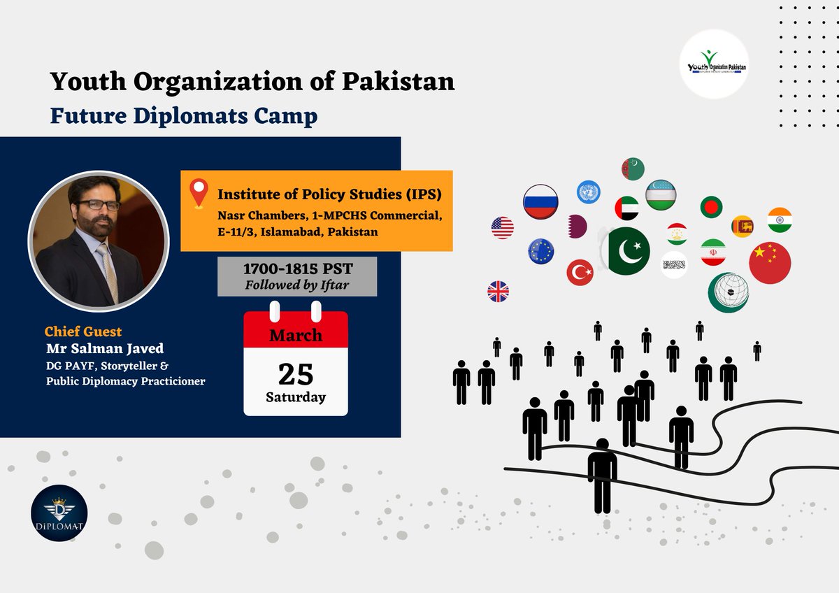 youth_org_pak's tweet photo. YOP Islamabad is organising YOP future Diplomats camp at institute of policy studies Islamabad 25 march Saturday 4PM with iftar party.
#YOP #Islamabadchapter #FutureDiplomat #IPS https://t.co/5scvjyXrKv