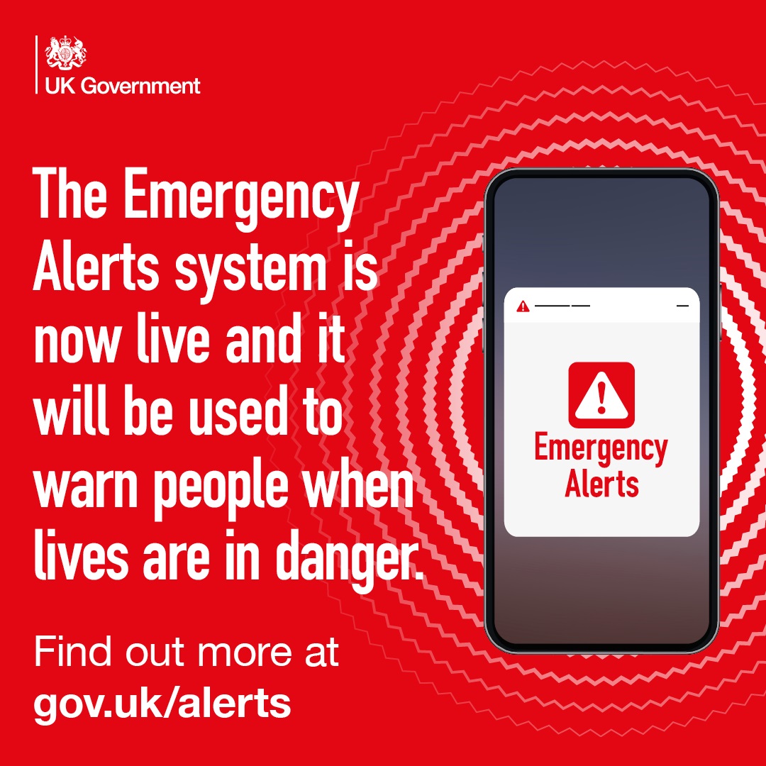On Sunday 23 April 2023 there will be a national test of the UK Emergency Alerts Service.  

The test of the service will happen to ensure the technology operates as intended and alert messages are received by all compatible handsets. 

Find out more at: https://t.co/RD9RhARWzK https://t.co/MMzwLjrRS4