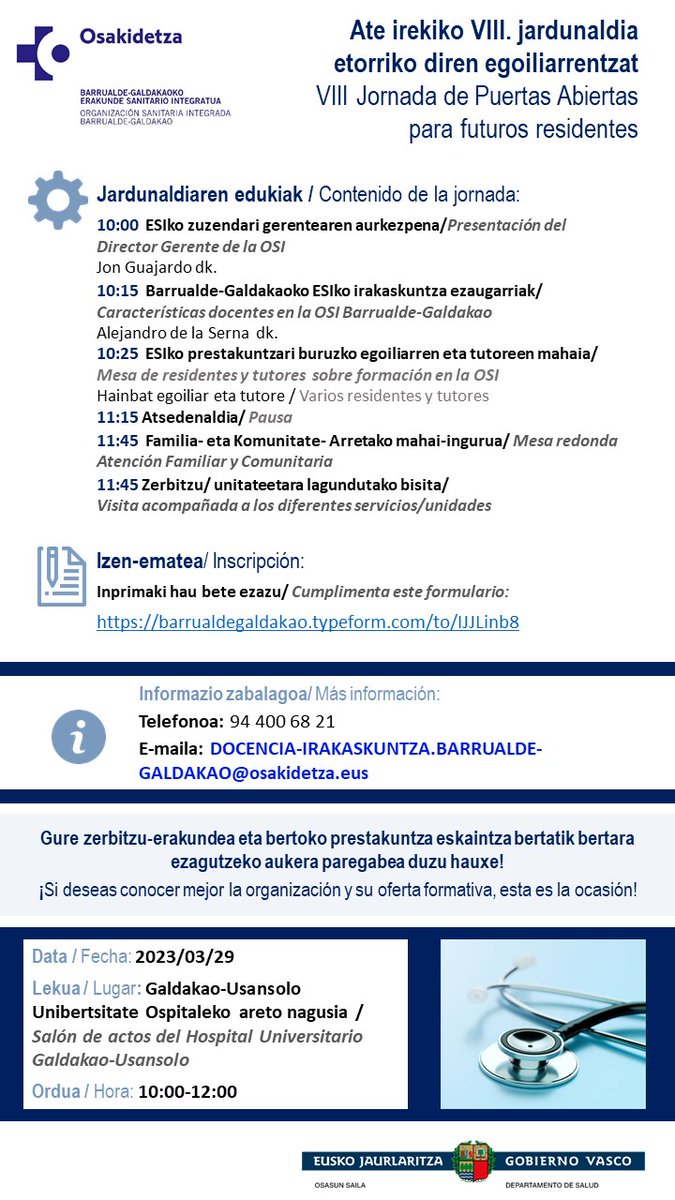 🏥 La OSI BG organiza su VIII jornada de puertas abiertas para futuros residentes.
👉 Ofertamos 35 plazas en 24 especialidades diferentes en el HUGU, 12 MFyC y 3 EIR de Familia y Comunitaria.
¡Anímate a conocernos!
🗓️Fecha: 29/03/2023
📌Inscripción: lnkd.in/gZr5Yyqu