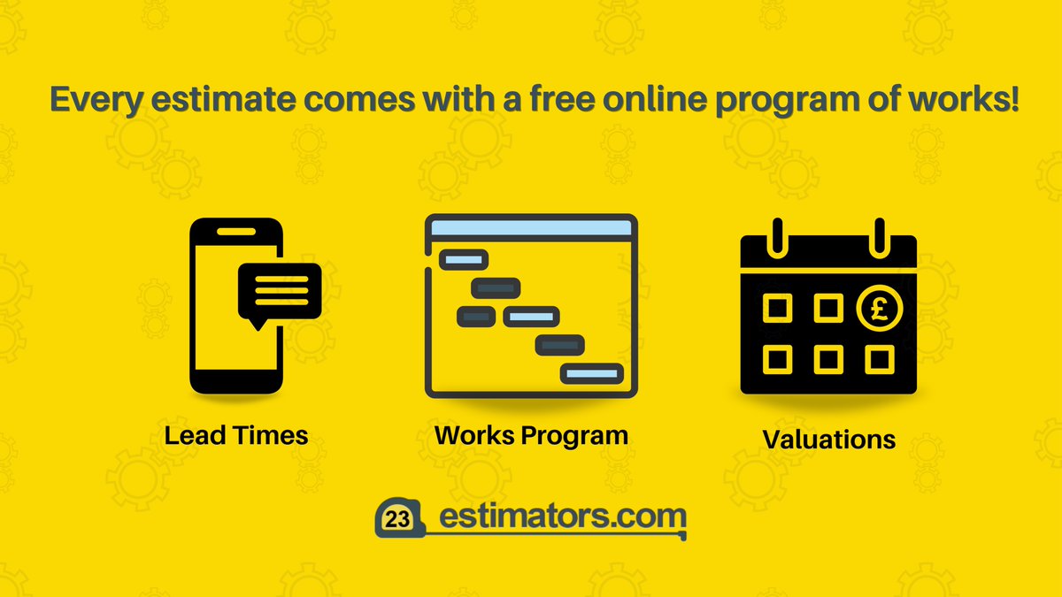 Every estimate comes with a free online program of works including: 
- Lead Times
- Works Program
- Valuation

Click here to view sample: estimators.com/secure/estimat…