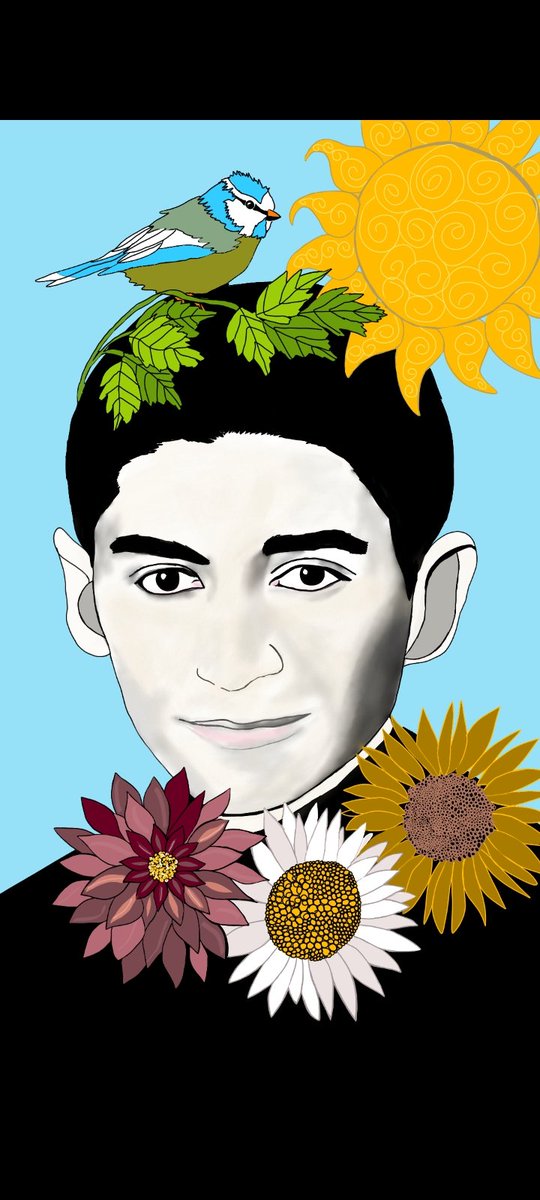 AmschelKavka's tweet photo. When I'm not reading Kafka, I like to paint. This one, of a smiling Franz, I drew for you. What do you do when you're not hanging out with Franz? ☀️🐦 https://t.co/eiC0OMpWde