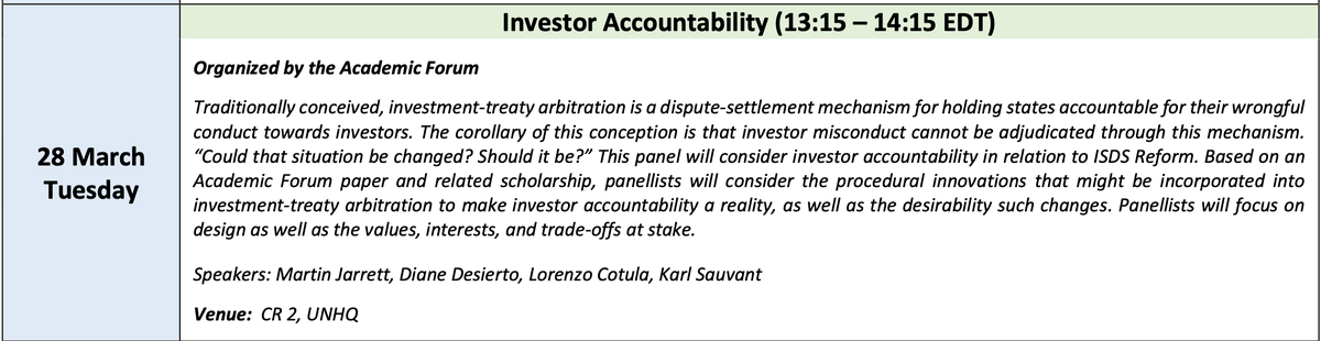 AcadForumISDS's tweet photo. We are delighted to announce our next AF side event 
@UNCITRAL WG III on "Investor Accountability" next Tuesday, 28 March 2023, with @AratoJulian, @LCotula, @DrDesierto, @DrMartinJarrett, and Karl Sauvant! 

@CatharineTiti @ChiaraLawProf @AnaMDaza https://t.co/MiCe5xHPsu