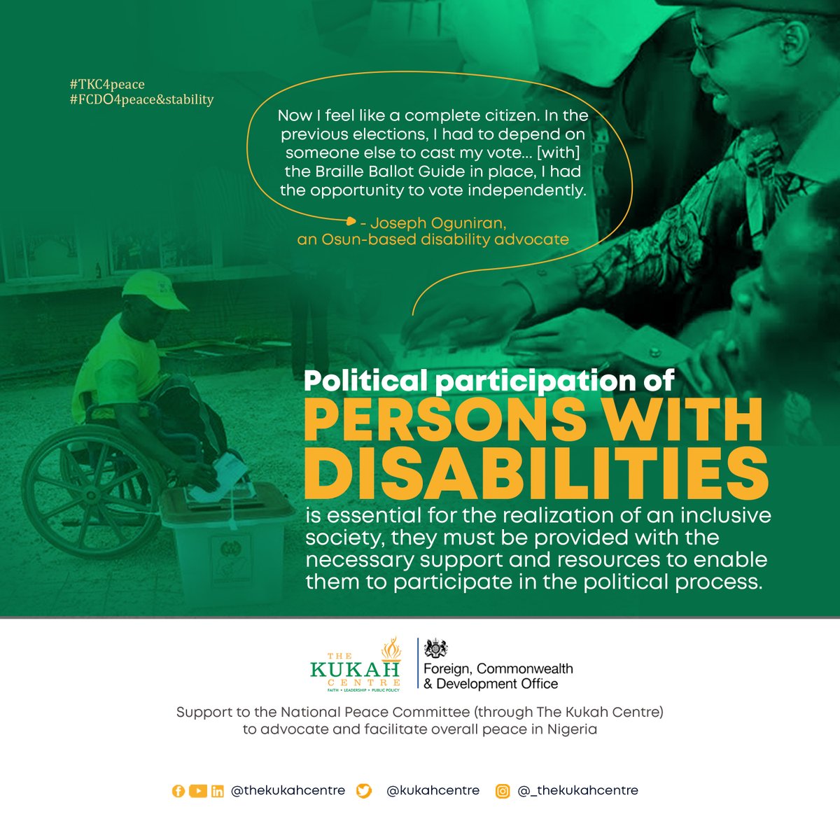 KukahCentre's tweet photo. Political participation of PERSONS WITH DISABILITIES is essential for the realization of an inclusive society, they must be provided with the necessary support and resources to enable them to participate in the political process. 

#TKC4peace
#FCDO4peace&amp;stability https://t.co/9AM8r9yEZo