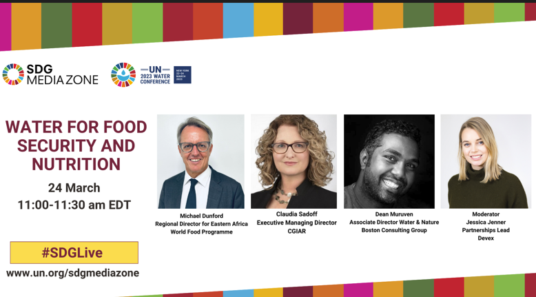 WFP_Media's tweet photo. 📣𝐌𝐞𝐝𝐢𝐚 𝐀𝐝𝐯𝐢𝐬𝐨𝐫𝐲
This Friday at 11:00 am EDT, @WFP_Africa Regional Director @micdunford, @CGIAR, and BCG will discuss the critical linkages between water and food security at the 2023 UN Water Conference. 

Tune in live: https://t.co/dEfiE2rZnz 
@nosmotG
#SDGLive https://t.co/CAlEpaAnGr