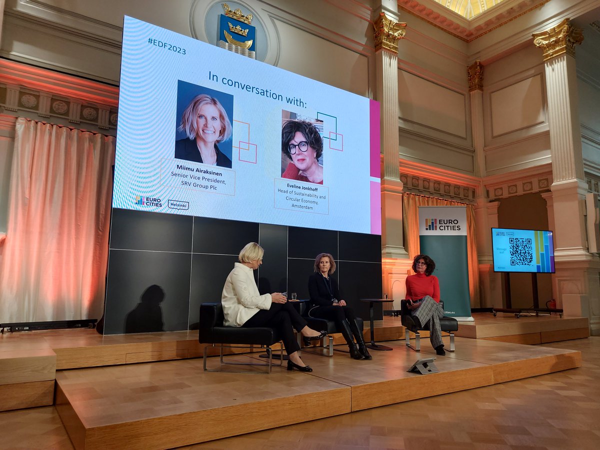 Amsterdam proposes to change to #tax system to impact on #circularity and #sustainablity. Thank you <a href="/mlrinkineva/">M-L Rinkineva</a> and <a href="/MiimuAiraksinen/">Miimu Airaksinen</a> for great fireside chat <a href="/eurocities/">Eurocities</a> #EDF2023 #helsinki