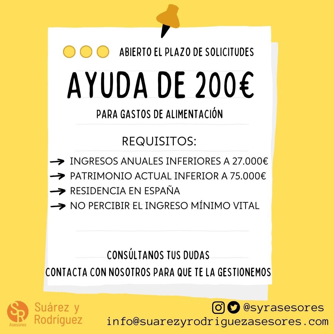 SyRasesores's tweet photo. 🔸Nueva ayuda 200 euros🔸

La ayuda se podrá solicitar hasta el 31 de marzo de 2023.

Consiste en un pago anual de 200 euros.

✅¿Quieres conseguirla? Contáctanos

#subvencion #ayuda #ayuda200euros #asesoria #gestoria #hacienda  #asesoriafiscal #asesoriamalaga #malaga #españa https://t.co/schFHXvjSg