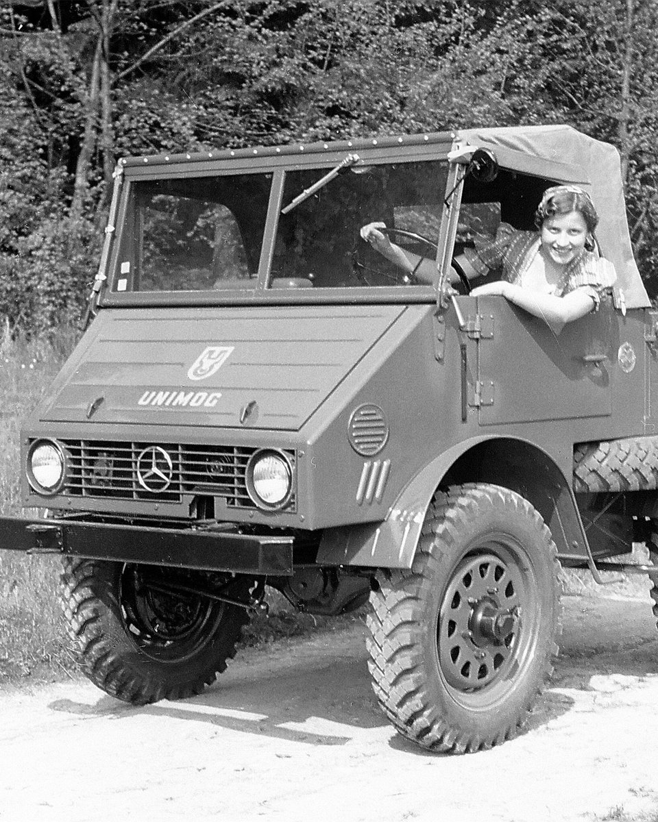 DaimlerTruck's tweet photo. A glimpse into our history: The #Unimog series 401, produced between 1953 and 1956. ⭐ It was the first series to be officially marked with the #Mercedes star. Did you know? 💡 The previous Ochsenkopf symbol was dropped after a short period of parallel use in September 1955. #TBT https://t.co/3RtNl3IXQG