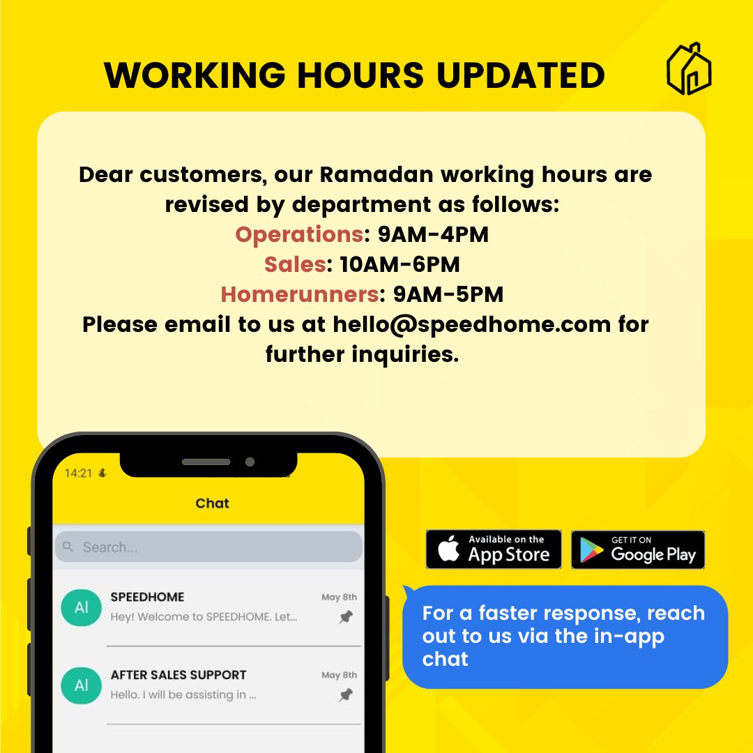 speedhomemy's tweet photo. Hello everyone! 
We have revised our working hours during Ramadan. Please read on.
Thanks for your understanding, and Ramadan Kareem to those fasting this month!
#SPEEDHOME #ramadan2023 https://t.co/y7tq4DQN7a